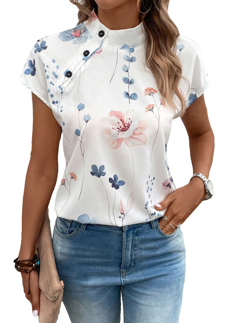 SOLY HUX Women's Floral Print Button Mock Neck Short Sleeve Blouse Top White Floral XL SOLY HUX Women's Floral Print Button Mock Neck Short Sleeve Blouse Top White Floral XL