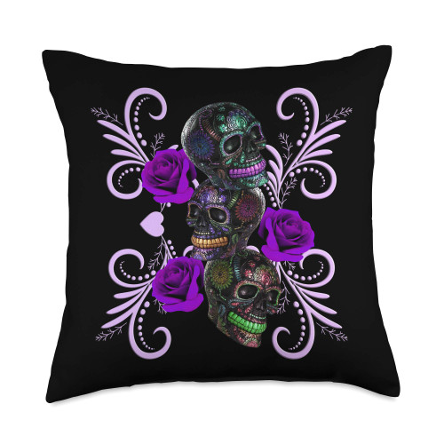 Atteestude Triple Black Day of The Dead Skulls Purple Roses Throw Pillow, 18x18, Multicolor