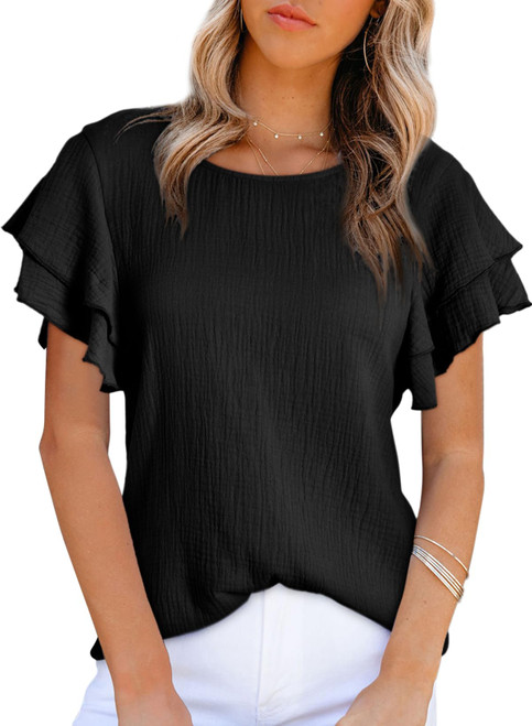 Dokotoo Summer Tops for Women 2024 Trendy Fashion Summer Resort Wear Casual Crewneck Ruffle Short Sleeve Solid Shirts Lightweight Comfy Loose Cotton Babydoll Blouses Black S