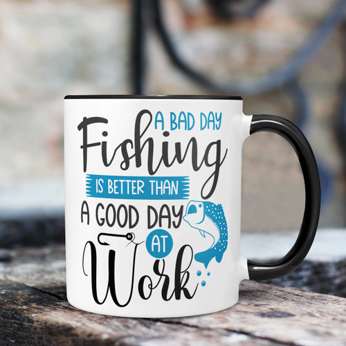 Fathers Day Gift Dad Fishing Coffee Mug, Microwave and Dishwasher Safe Ceramic Cup (11 oz Black Accent)