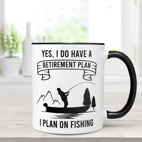 Retirement Gift, Funny Retirement Plan on Fishing Coffee Mug, Dishwasher Microwave Safe Ceramic Cup (Ceramic, 11 oz Black Accent)