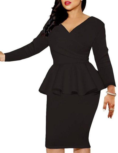 Aisbei V Neck Ruffled Hem Wrap Dress Elegant Bodycon Pencil Midi Dress for Church Office Work Professional Business, Black