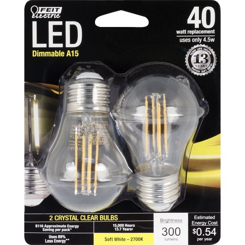 Feit Electric BPA1540/827/LED/2 40W Equivalent Clear A15 Dimmable LED Light Bulb (2 Pack), Soft White
