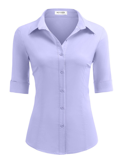 HOTOUCH Half Sleeve Dress Shirts for Women 3/4 Sleeve Stretch Button Down Shirts Button Up Shirt Business Blouses (Lavender XL)