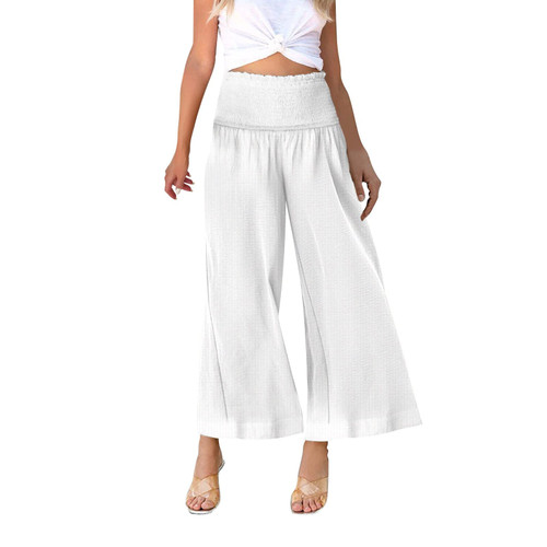 Bblulu Cotton Linen Wide Leg Pants for Women Elastic Waist Loose Capri Pants Casual Cotton Linen Palazzo Trousers White