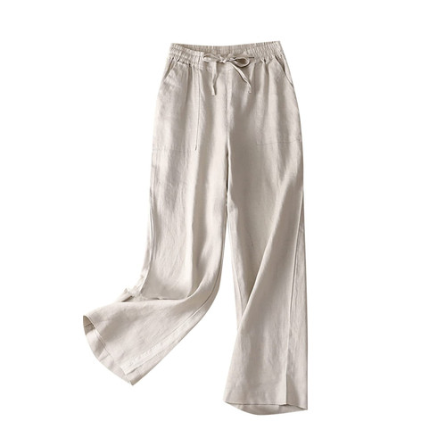 Bblulu Women Cotton Linen Wide Leg Capris Elastic Waist Pants Joggers Casual Loose Trousers Pants White