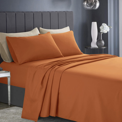 KKJIAF 4 Piece Bed Sheet Set, Microfiber Bed Sheet King Size, 1800 Thread Count Microfiber Soft & Breathable Bedding Sheet Sets, Deep Pocket Fitted Sheet, Flat Sheet and 2 Pillowcases - Burnt Orange