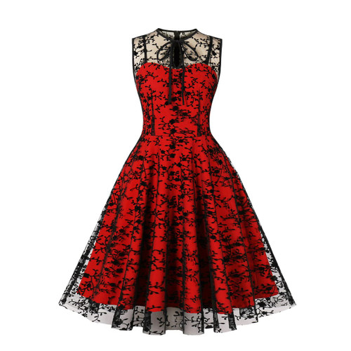 Keyhole Mesh Floral Embroidery Dress for Women Flower Mmbroidered Dress Mini Tulle Short Dress 50's Bow Tie Neck Gothic Cocktail Vintage Dress Illusion Wedding Party Formal Evening Prom Dress Red XL