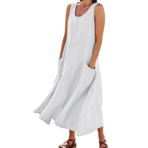 Cnebo Beach Dresses for Women Sleeveless V Neck Dress Flowy Ruffle Hem Long Boho Dresses Summer Maxi Dress White