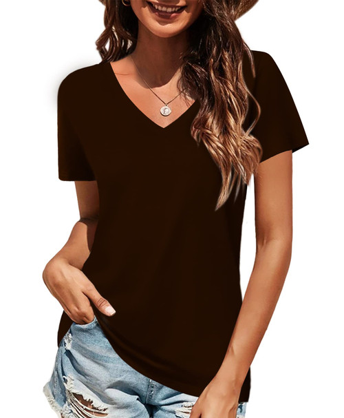Elesomo Tshirts for Women Summer Short Sleeve Tops V Neck T-Shirt, Dark Brown L Elesomo Tshirts for Women Summer Short Sleeve Tops V Neck T-Shirt, Dark Brown L