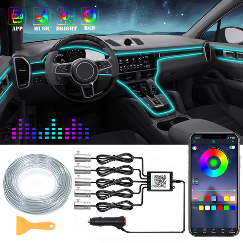 DEHERANE Interior Car LED Strip Lights, RGB 5 in 1 Ambient Lighting Kits with 236 inches Fiber Optic, 16 Million Colors APP Wireless Bluetooth Control Car Neon Lights, with Music Sync Function