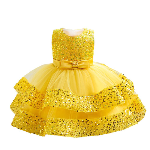 Baby Girl Pageant Dress Sequins Princess Dress Toddler Flower Wedding Birthday Party Gown Dresses(Yellow,12-18M)