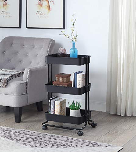 SunnyPoint 3 Tier Basket Rolling Utility Cart (Mat Black)