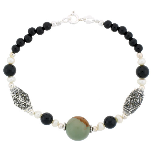Natural Freshwater Pearls Marcasite Turquoise Onyx Bracelet Sterling Silver Findings, 7 inch