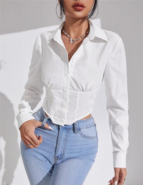 Summer Blouses for Women White Button Front Casual Shirt Long Sleeve Tops