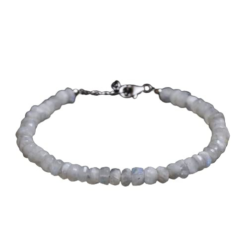 Natural Rainbow Moonstone Beaded Bracelet Blue Fire Gemstone Bracelet 925 Sterling Silver Bracelet Gift For Women & Girls