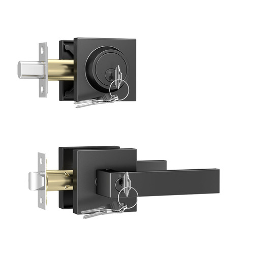 Exterior Door Lock Set, Front Entry Door Locksets with Deadbolt, Keyed Alike Square Door Lever with Single Cylinder Deadbolts Combo Pack,1 Pack, Matte Black