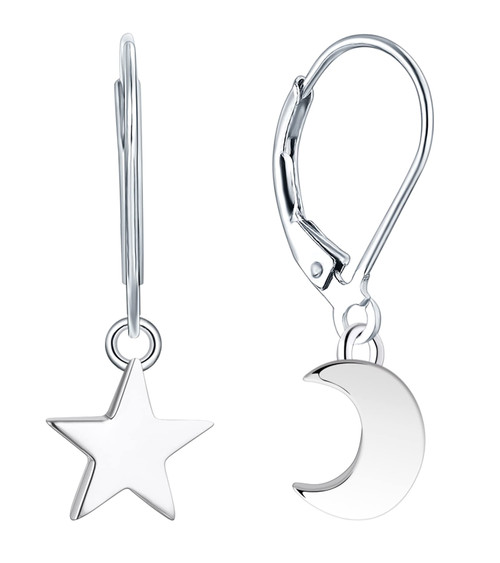 Star Earrings Sterling Silver Polished Moon Dangle Drop Earrings Leverback Jewelry for Women Star Earrings Sterling Silver Polished Moon Dangle Drop Earrings Leverback Jewelry for Women