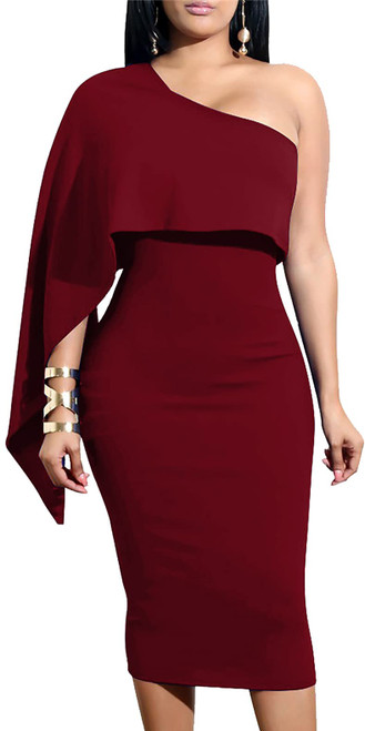 Women's Summer Sexy One Shoulder Ruffle Bodycon Midi Cocktail Dress Burgundy Women's Summer Sexy One Shoulder Ruffle Bodycon Midi Cocktail Dress Burgundy