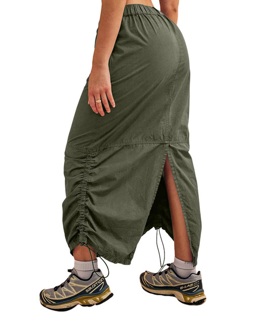 Women Y2K Cargo Skirt Low Rise Maxi Skirt Drawstring Ruched Vintage Streetwear with Pockets Army Green Women Y2K Cargo Skirt Low Rise Maxi Skirt Drawstring Ruched Vintage Streetwear with Pockets Army Green