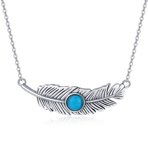 Feather Necklace 925 Sterling Silver Turquoise Pendant Necklace Western Jewelry Native American Gifts for Women Girls Birthday
