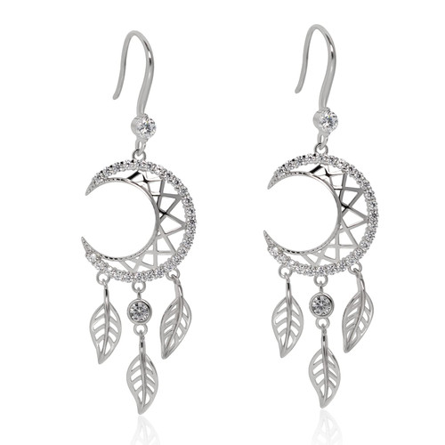 Sterling Silver Moon Earrings Boho Feather Dangle and Drop Earrings Crescent Moon Dreamcatcher Long Earrings for Women, Silver