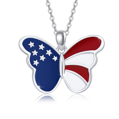 American Flag Necklace 925 Sterling Silver Butterfly Necklace for Women 4th of July Patriotic Jewelry for Girls