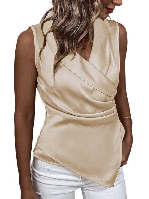 Women's Wrap V Neck Ruch Satin Sleeveless Elegant Tank Top Blouse Solid Beige Medium