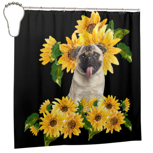 Pug Shower Curtain Decoration, Waterproof Bathroom Shower Curtain Hook Set 72inx72in