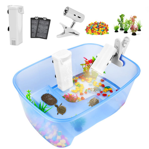 Baby Turtle Aquarium Tank Starter/ Accessories Kit - Reptile Terrariums Tortoise Habitat with UV Basking Light Lamp, Water Filter, Rocks, Small Plants for Frog Hermit Crab