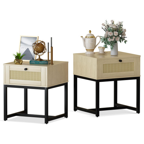 Rattan Nightstand Set of 2, Farmhouse Side Table with Drawer and Metal Legs, Small Sofa Table Accent Bedside Table, Modern End Table for Living Room, Bedroom and Small Spaces, Natural Oak