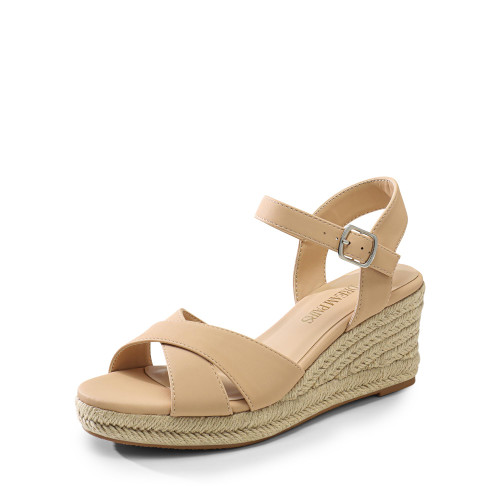 Espadrille Dressy Wedge Sandals, Women's Platform Sandals Casual Summer, Comfortable High Heeled Wedges with Adjustable Buckle,Sdpw2408w,Nude-Nubuck,Size 6