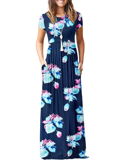 Women Short Sleeve Loose Plain Maxi Dresses Casual Long Dresses Pockets(Floral Navy Pink,M)