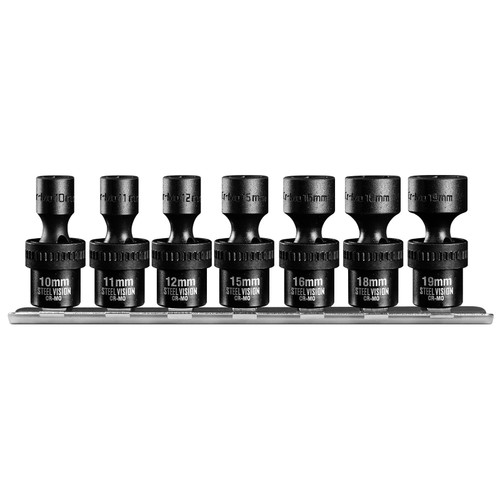 7PCS 3/8" Drive Metric Standard Universal Impact Swivel Socket Set, 10, 11, 12, 15, 16, 18, 19mm, 6-Point, Cr-Mo