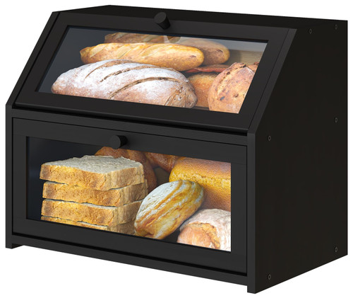 Black Bread Box for Kitchen Counter, Bamboo Wood Bread Box, Large Capacity Bread Storage Bin