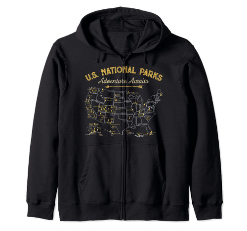 62 National Parks Map Gifts US Park Vintage Camping Hiking Zip Hoodie