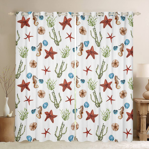 Ocean Starfish Decor Window Curtains for Bedroom Living Room Seahorse Window Drapes for Kids Boys Girls Coral Seaweed Window Treatments Sea Castaway Coastal 38W X 45L,2 Panels