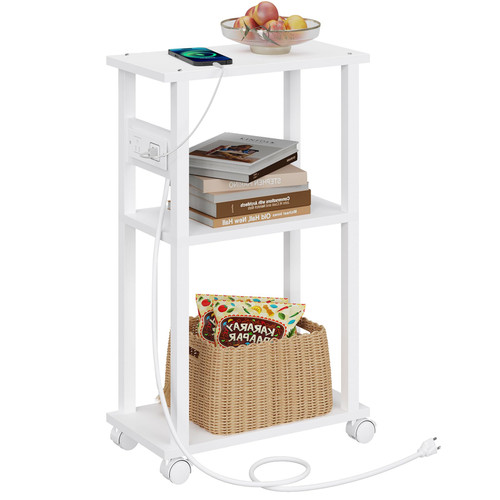 Small Narrow Side Table with Charging Station, Skinny End Table for Small Spaces, Slim Nightstand with USB Ports and Outlet, Sofa Beside Table with Wheels, White TB01BW046 Small Narrow Side Table with Charging Station, Skinny End Table for Small Spaces, Slim Nightstand with USB Ports and Outlet, Sofa Beside Table with Wheels, White TB01BW046