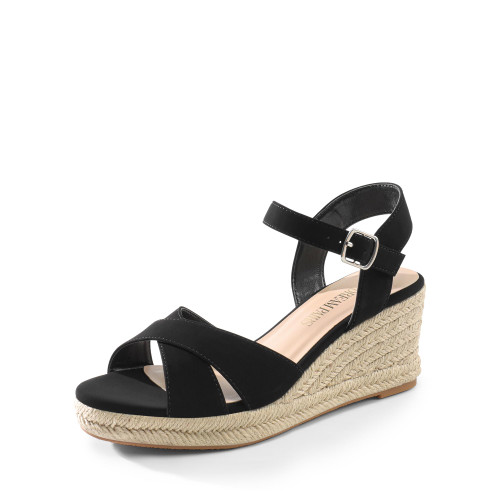 Espadrille Dressy Wedge Sandals, Women's Platform Sandals Casual Summer, Comfortable High Heeled Wedges with Adjustable Buckle,Sdpw2408w,Black-Nubuck,Size 6