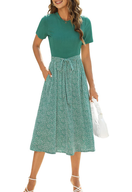 Women Summer Short Sleeve Ribbed Midi Dress with Pockets Casual Work Dress Green L