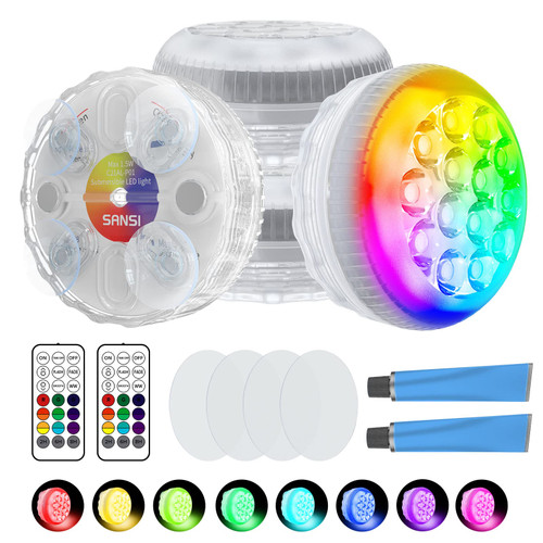 Upgraded Submersible Led Lights RF Remote(200ft), Waterproof Pool Lights for Inground Pool with Glue/Magnets/Suction Cups, Color Changing Underwater Spotlight for Ponds Battery Operated, 4-Pack Upgraded Submersible Led Lights RF Remote(200ft), Waterproof Pool Lights for Inground Pool with Glue/Magnets/Suction Cups, Color Changing Underwater Spotlight for Ponds Battery Operated, 4-Pack