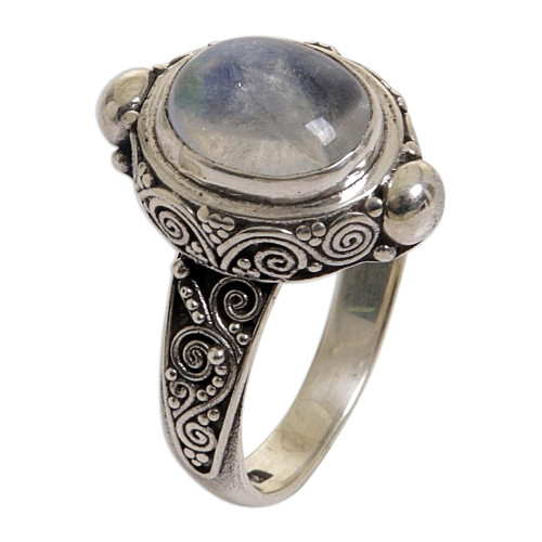 Artisan Handmade Rainbow Moonstone Cocktail Ring .925 Sterling Silver Indonesia Clear 'Magic Portal'