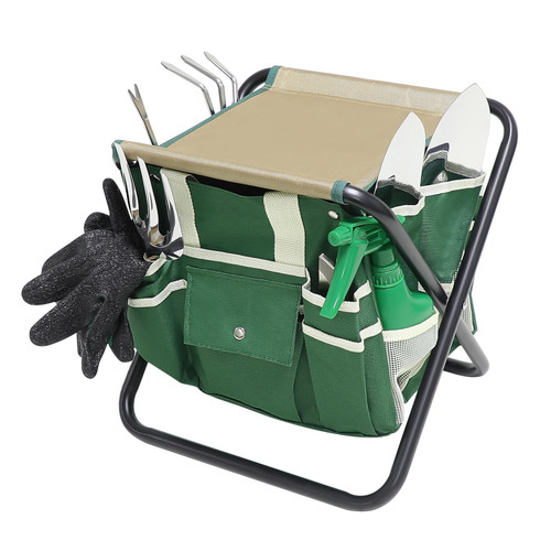 Garden Tool Set,10 Pieces Heavy Duty Gardenting Tool Kit, Folding Stool with Detachable Tote Bag, Stainless Steel Tools (Trans-Planter,Trowel,Weeder) for Women Men