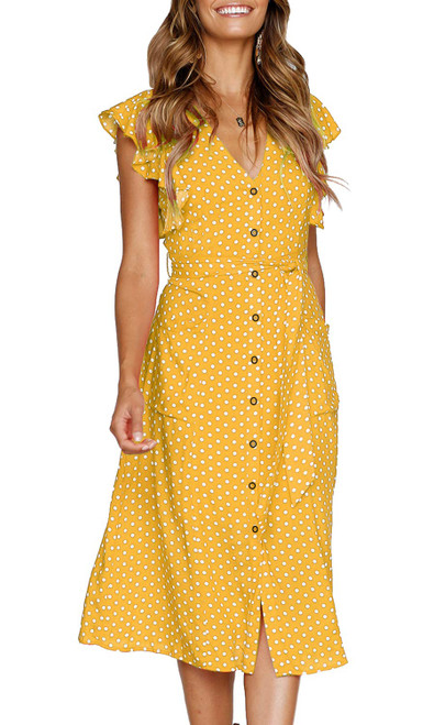Women's Boho Polka Dot Flutter Short Sleeve V Neck Button Down Swing Midi Dress with Pockets Medium Yellow