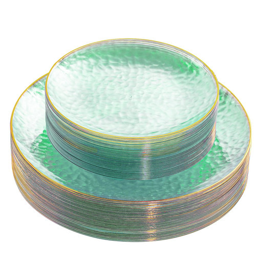 Plastic Green Plates,Green Party Plates, Disposable Green Plates, Clear Green Plates with Gold Rim, Hammered Green and Gold Plates Include 30 Dessert Plates, 30 Dinner Plates for Mother's Day