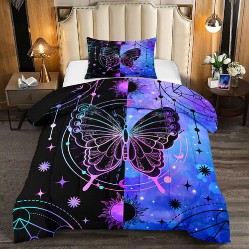 Butterfly Comforter - Butterfly Bed Set - Butterfly Comforter Set for Girls Women Bed Girls Twin Bedding Set Black Blue Butterflies with Sun and Moon Printed Quilt Sets with 1 Pillowcase