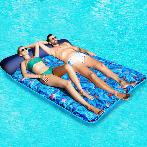 Oversized Pool Floats Raft, 1-2 Person, 72'' X 60'' Giant Fabric-Covered Pool Floats Adult Size, Inflatable Floating Mat with Headrest Ultra-Comfort Summer Pool Lounger Floatie