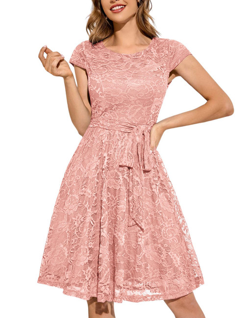Women Cap-Sleeve Lace Floral Elegant Cocktail Dress Crew Neck Knee Length Bridesmaid Prom Dresses for Party Blush S