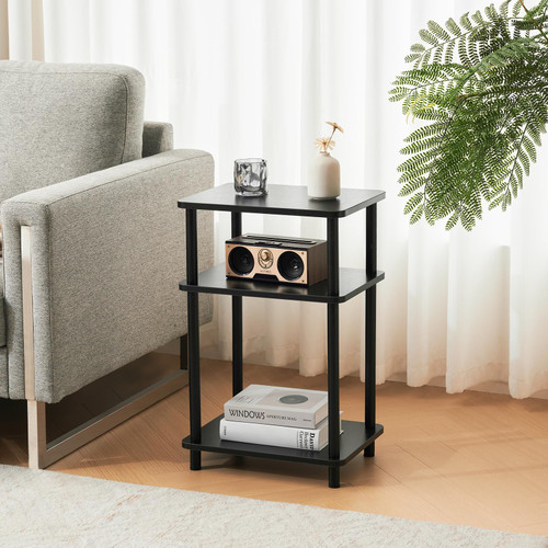 3 Tier End Table, Boho Side Table with Storage Shelf, Nightstand Bedside Table for Small Spaces, Bedroom, Living Room, Entryway, Farmhouse, Easy Assembly, Black