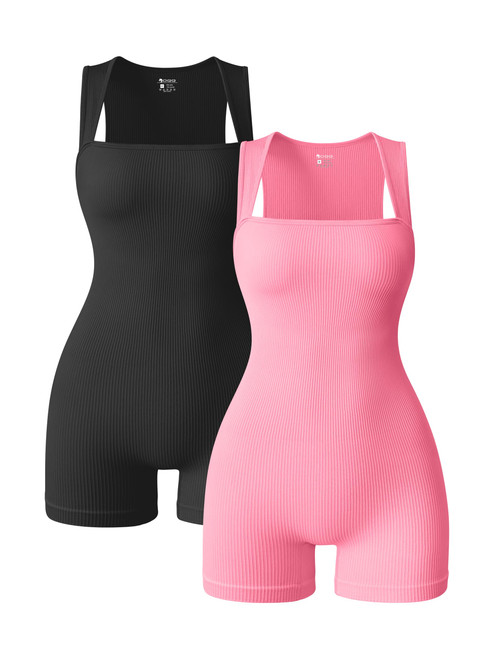 Women 2 Piece Rompers Yoga Stretch Strappy Square Neck Sleeveless Exercise Rompers Black Candypink